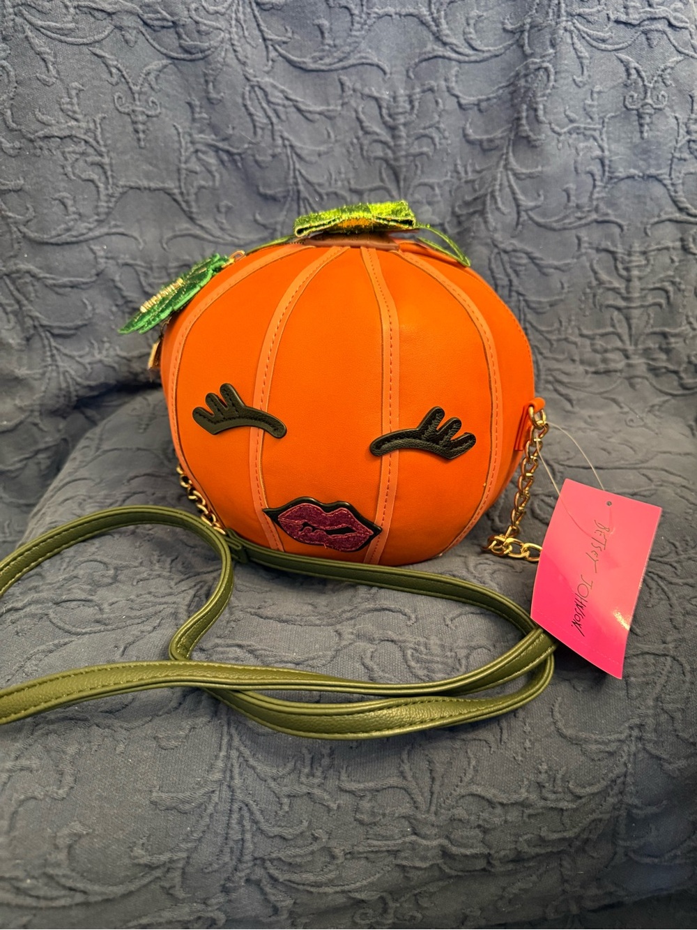 BETSY JOHNSON Orange Pumpkin Crossbody Bag with Green Strap